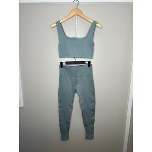 SET Active Ribbed Crop Tank Bra Top &‎ Leggings Set Blue Gray Women's Size L